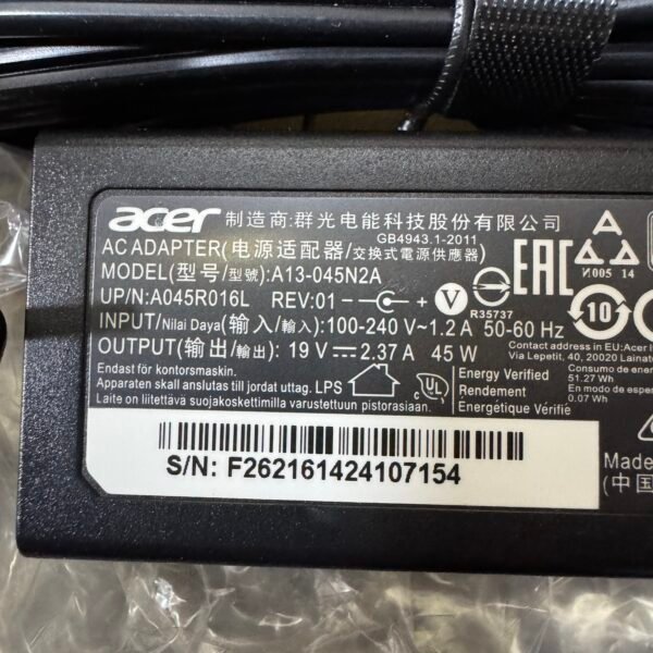 Cargador Original Acer 2.37A 45W Punta Fina 3.0*1.1